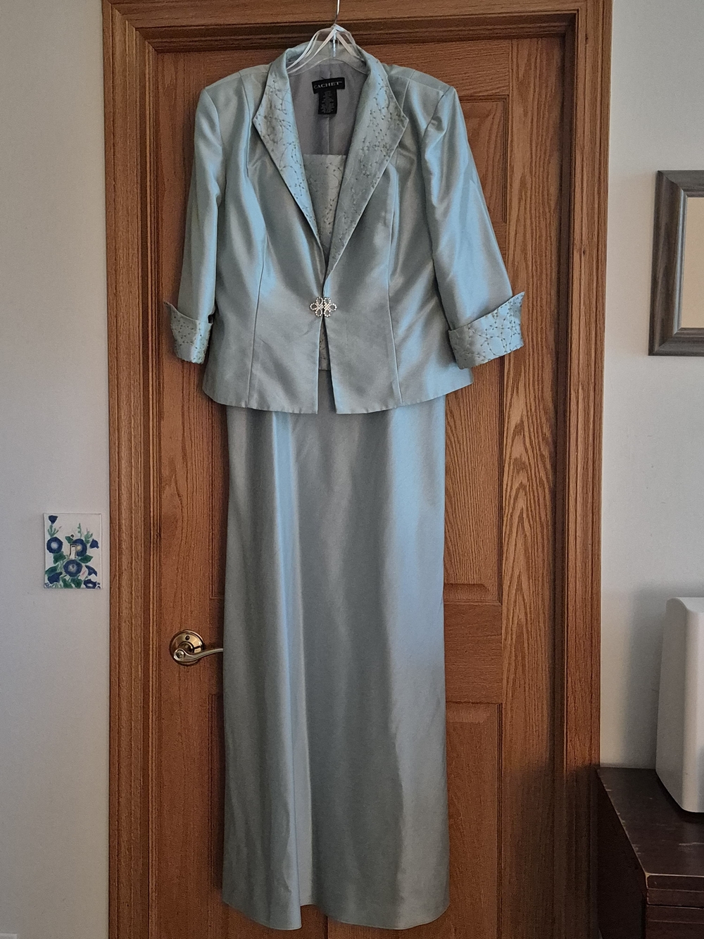 Sage Green Satin Two-Piece Dress And Jacket Set